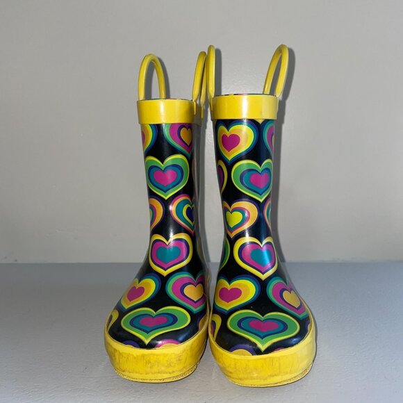 Kids Size 5 Heart Pattern Rain Boots Yellow Handles Soles Rubber Colorful Design - Picture 2 of 6